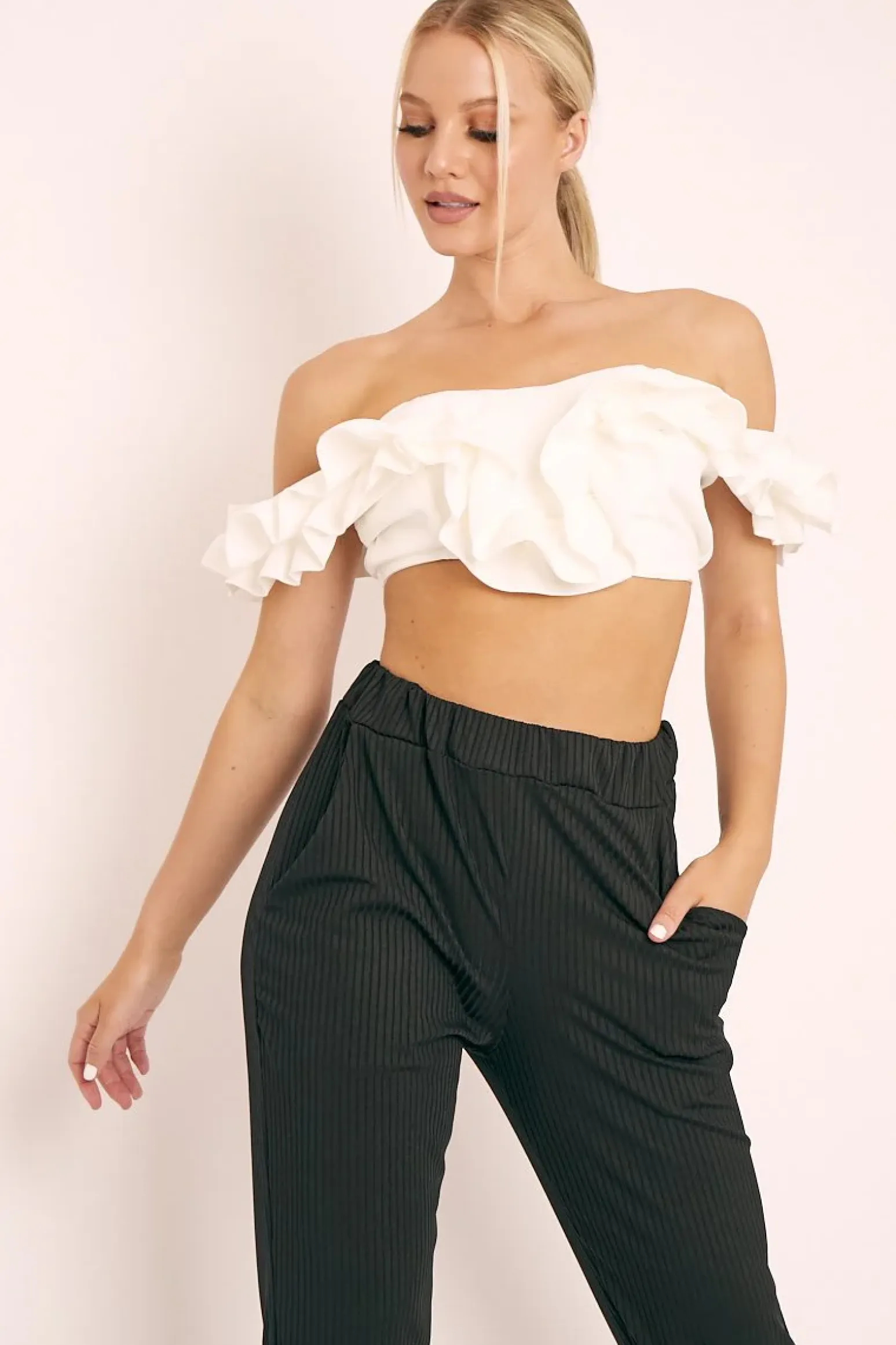 Rebellious Fashion White Ruffle Front Bardot Crop Top - Lacie