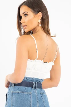 Rebellious Fashion White Ruffle Front Strappy Crop Top - Aaloni