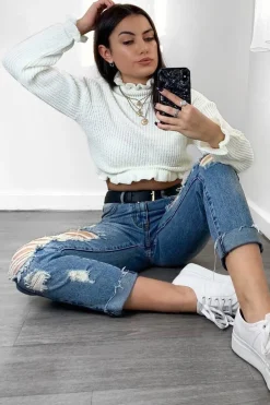 Rebellious Fashion White Ruffle Hem Chunky Knit Crop Jumper - Alannah