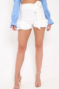 Rebellious Fashion White Ruffle Trim Belted Shorts - Afra