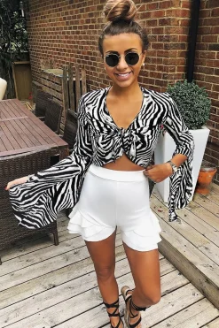 Rebellious Fashion White Ruffle Trim Belted Shorts - Afra