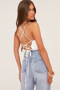 Rebellious Fashion White Satin Cowl Neck Lace Up Back Cropped Top - Tia
