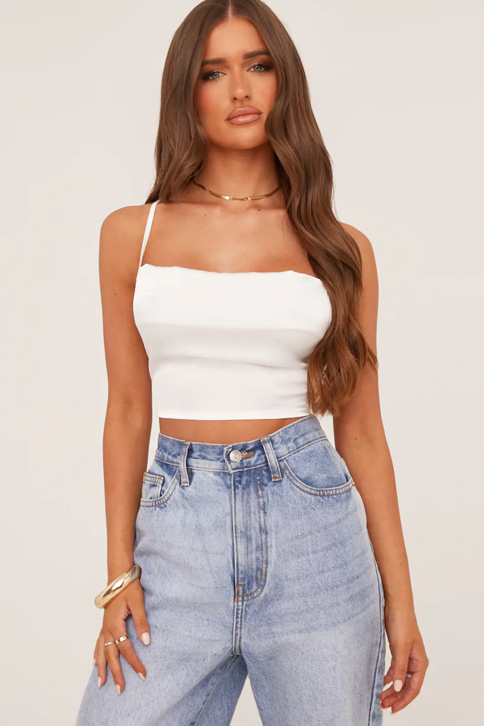Rebellious Fashion White Satin Cowl Neck Lace Up Back Cropped Top - Tia