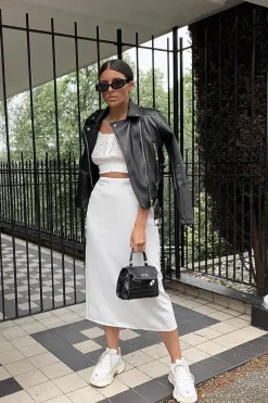 Rebellious Fashion White Satin Floaty Midi Skirt - Serafina