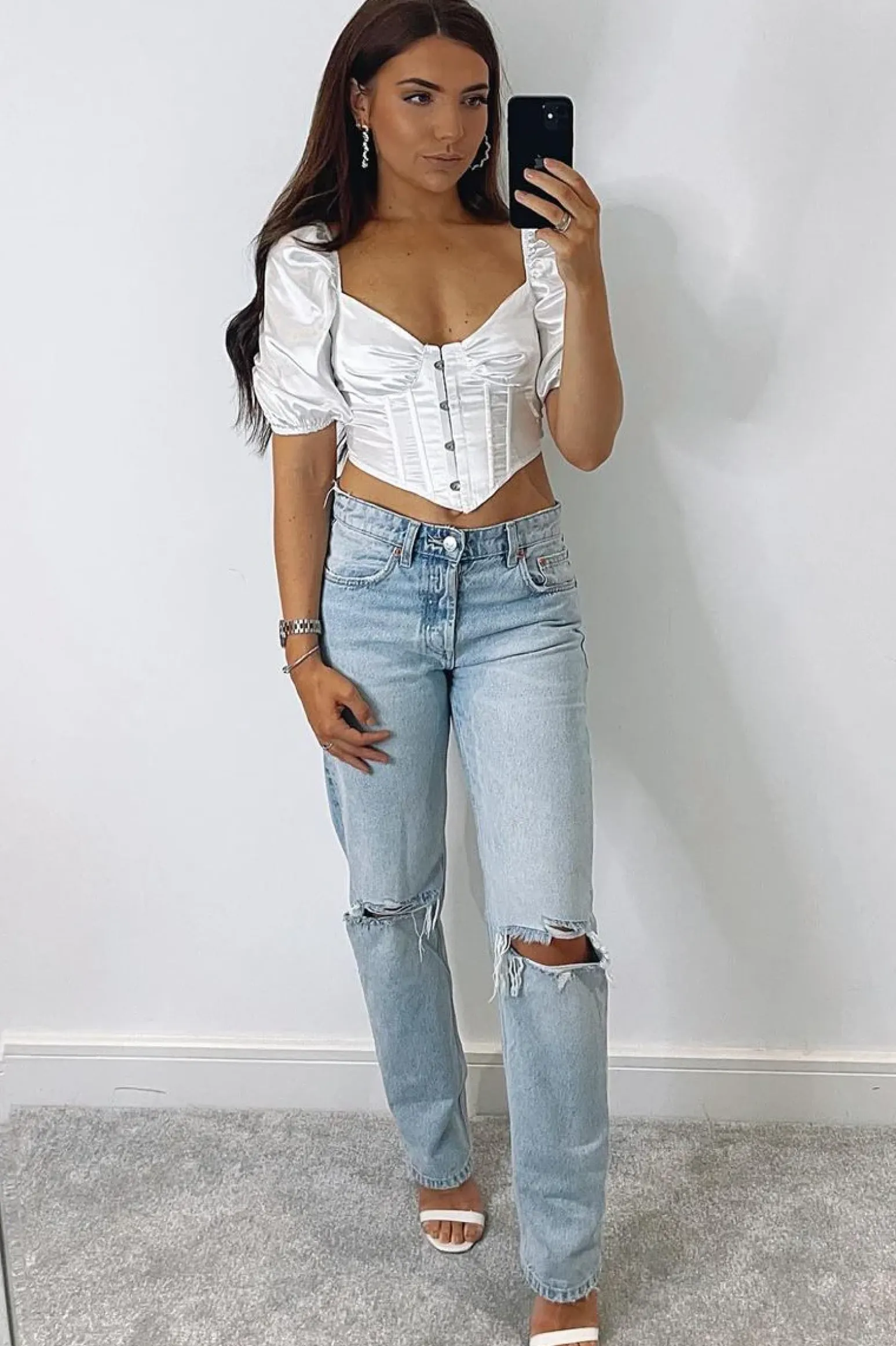 Rebellious Fashion White Satin Puff Sleeve Corset Crop Top - Zafena