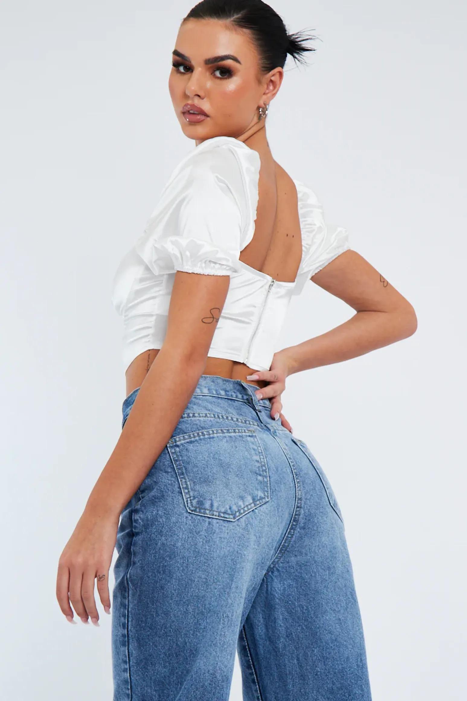 Rebellious Fashion White Satin Puff Sleeve Corset Crop Top - Zafena