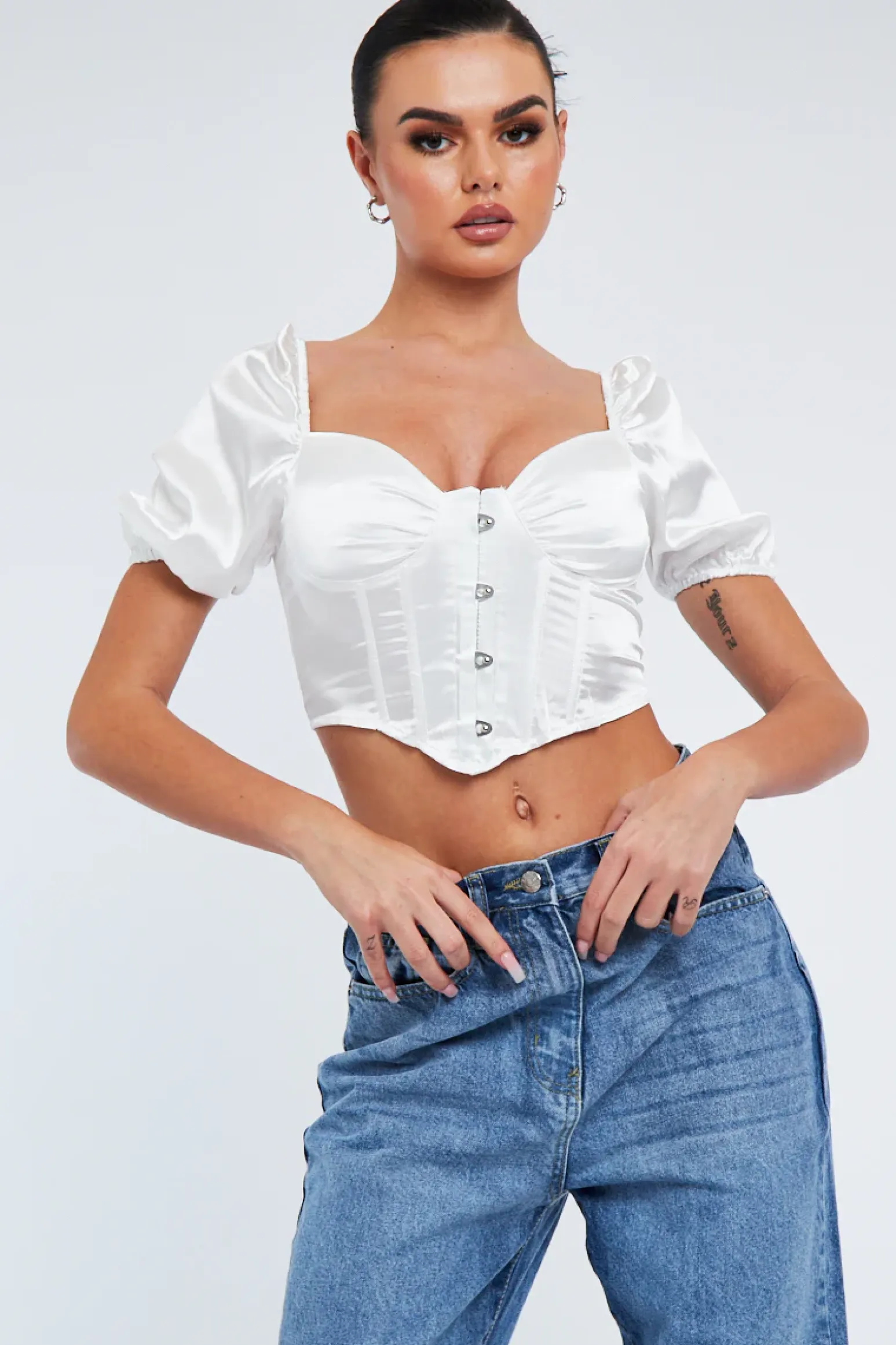 Rebellious Fashion White Satin Puff Sleeve Corset Crop Top - Zafena