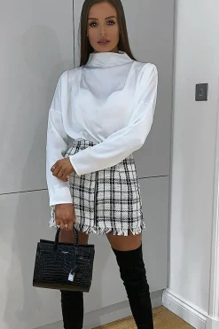 Rebellious Fashion White Satin Shoulder Pad Shirred Waist Blouse - Farida