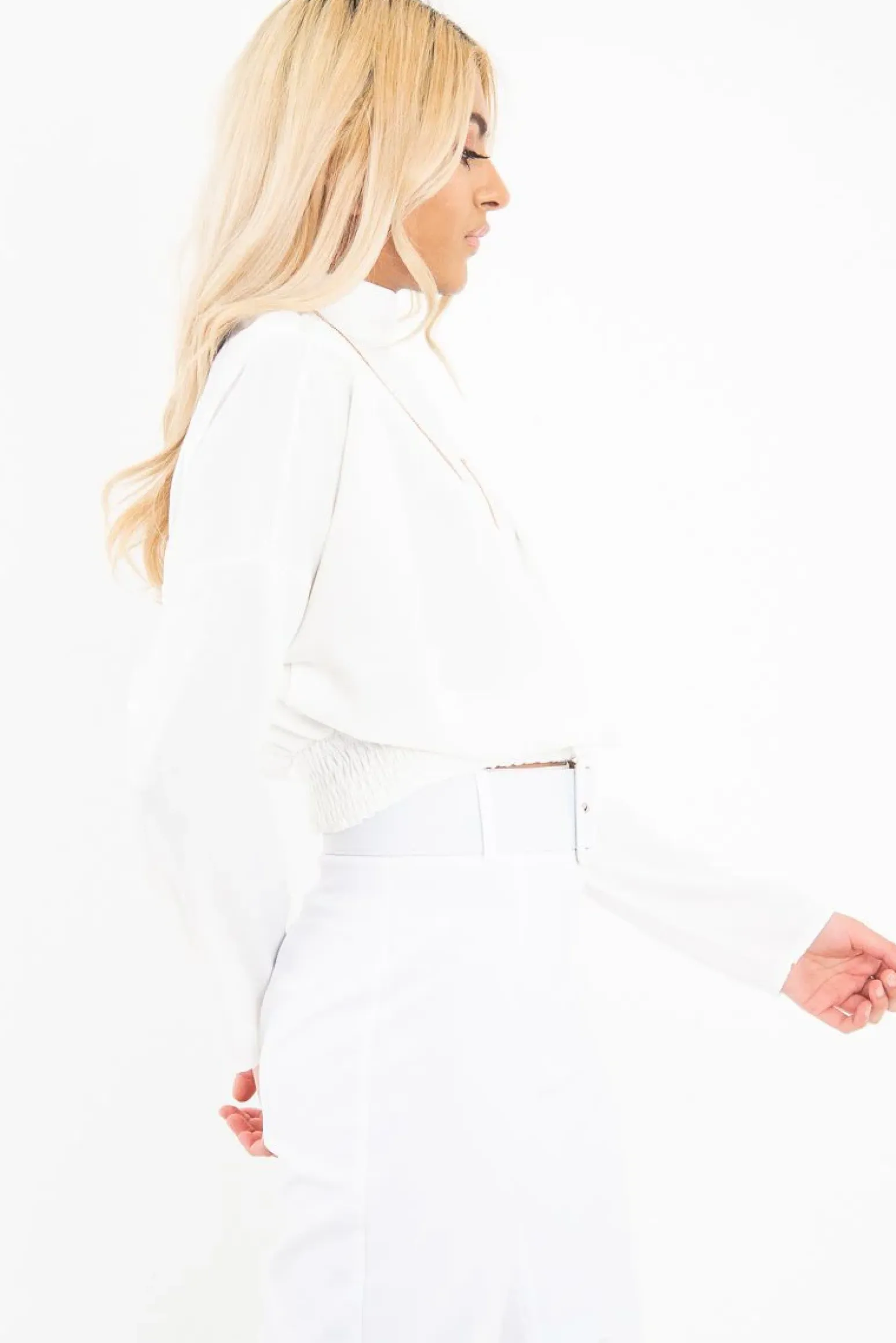 Rebellious Fashion White Satin Shoulder Pad Shirred Waist Blouse - Farida
