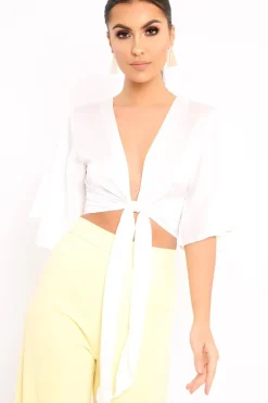 Rebellious Fashion White Satin Tie Crop Top - Alara