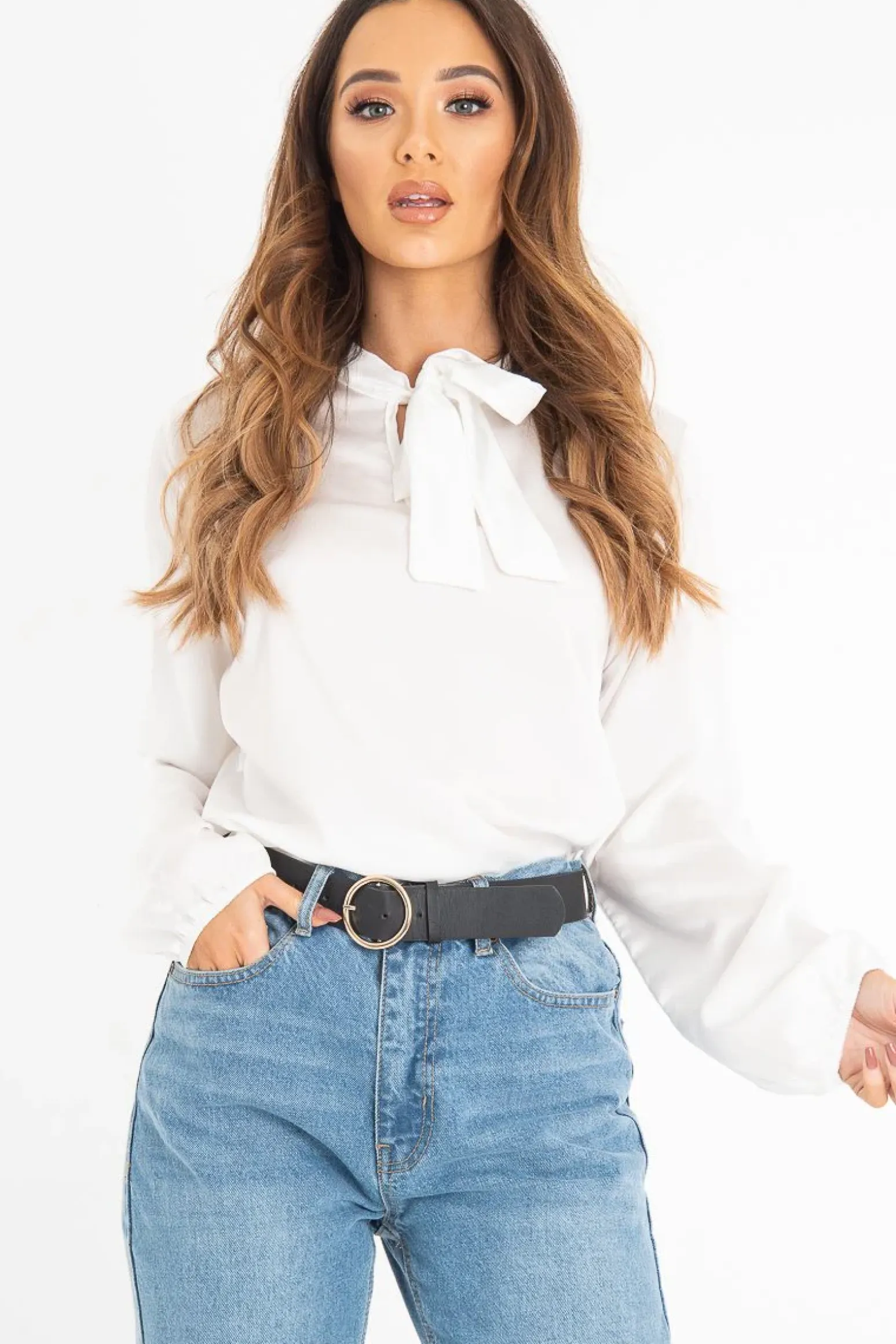 Rebellious Fashion White Satin Tie Front Long Sleeve Blouse - Cherie