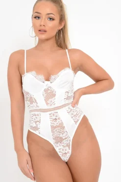Rebellious Fashion White Scalloped Lace Satin Bodysuit - Jeriah