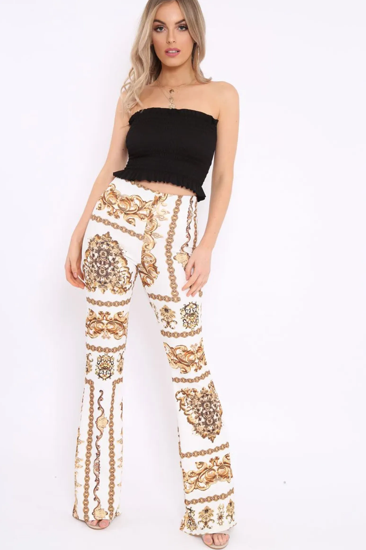 Rebellious Fashion White Scarf Print High Waist Flared Trousers - Aamari