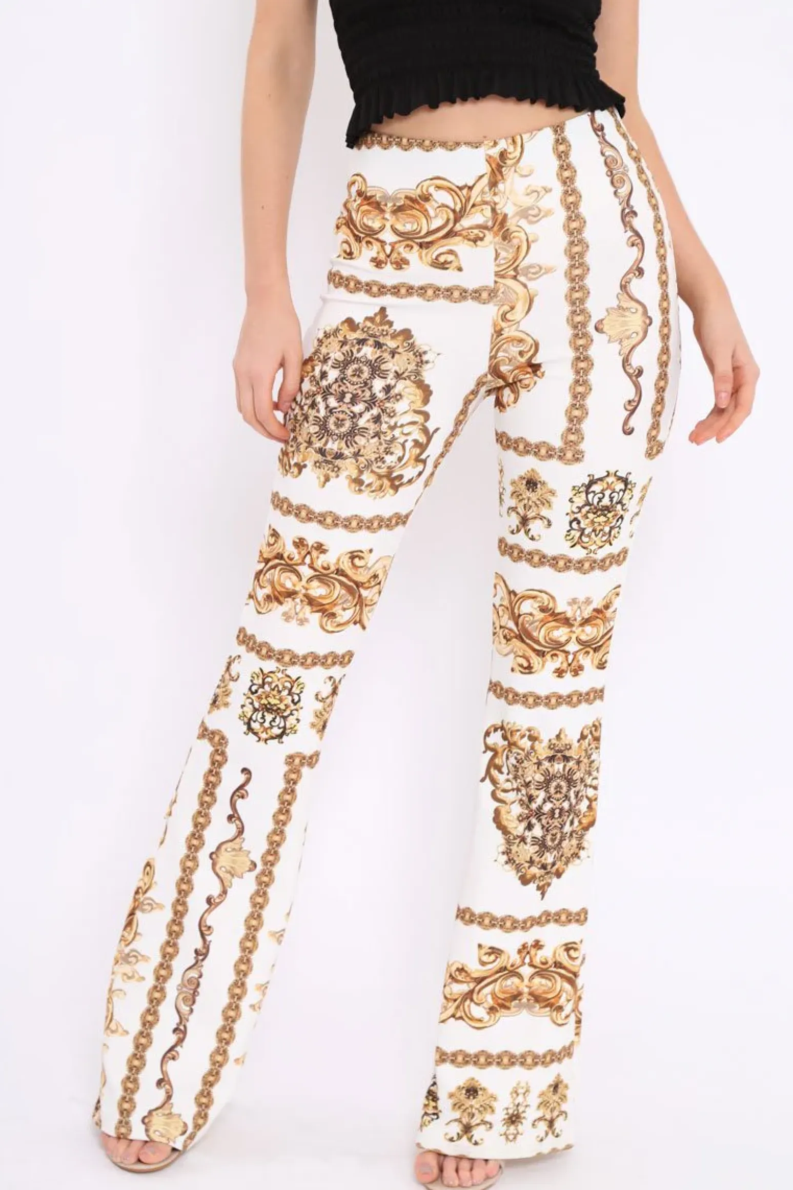Rebellious Fashion White Scarf Print High Waist Flared Trousers - Aamari