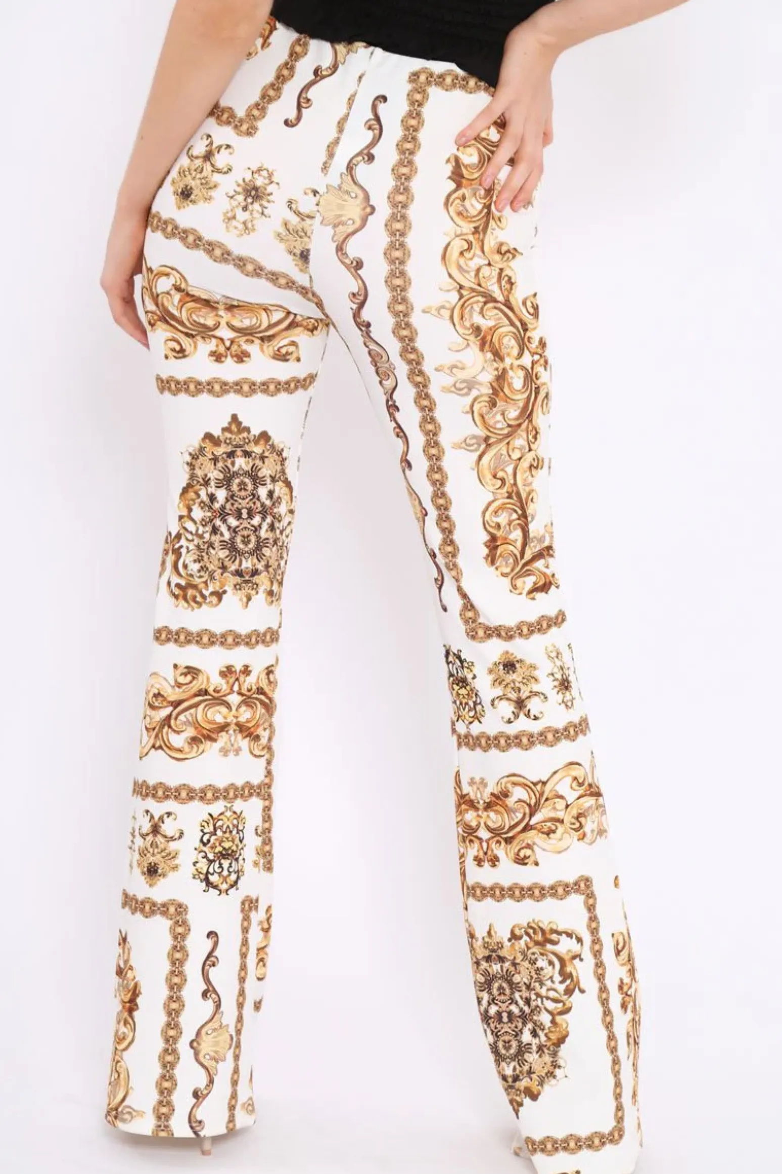 Rebellious Fashion White Scarf Print High Waist Flared Trousers - Aamari