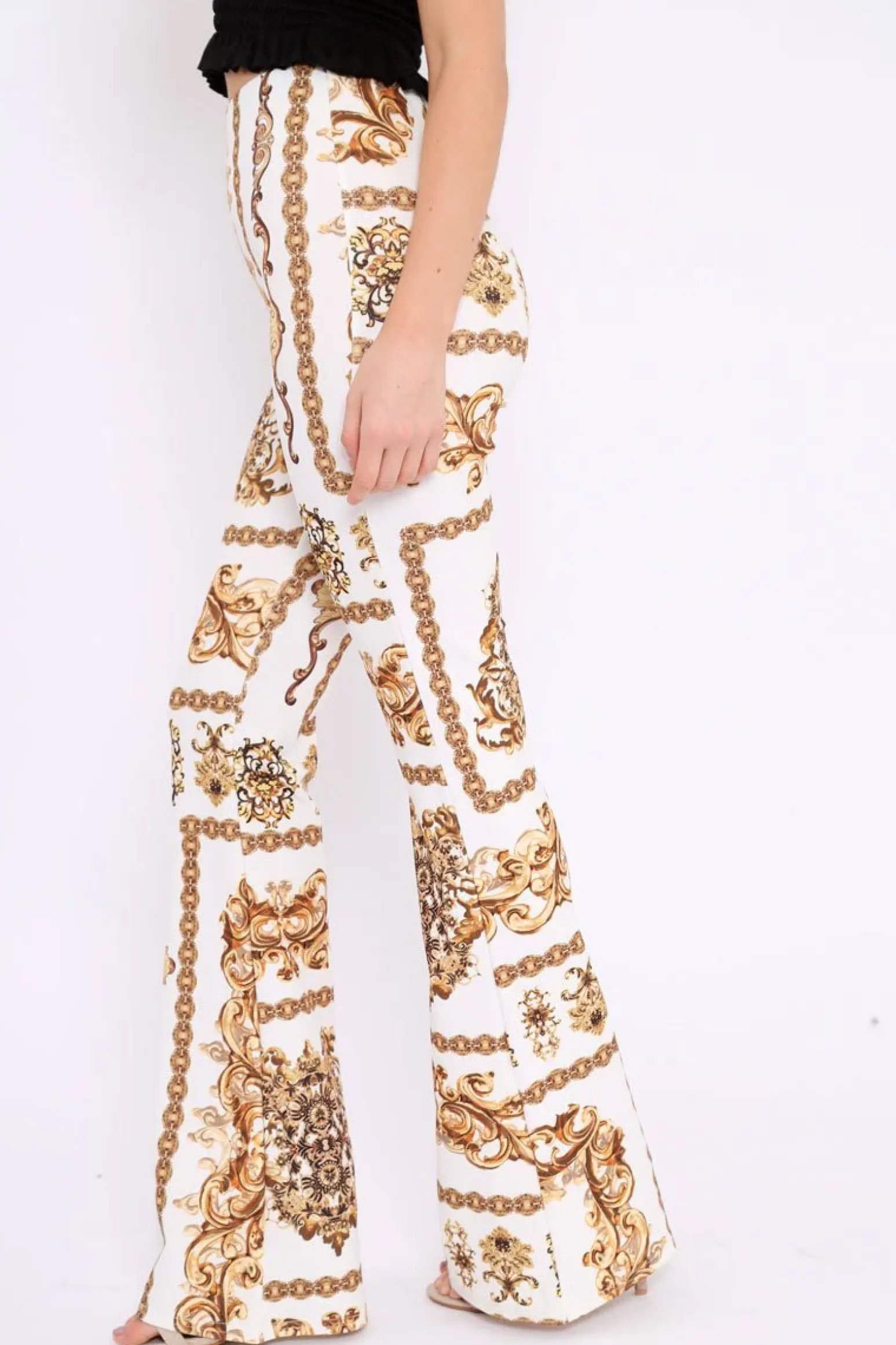 Rebellious Fashion White Scarf Print High Waist Flared Trousers - Aamari