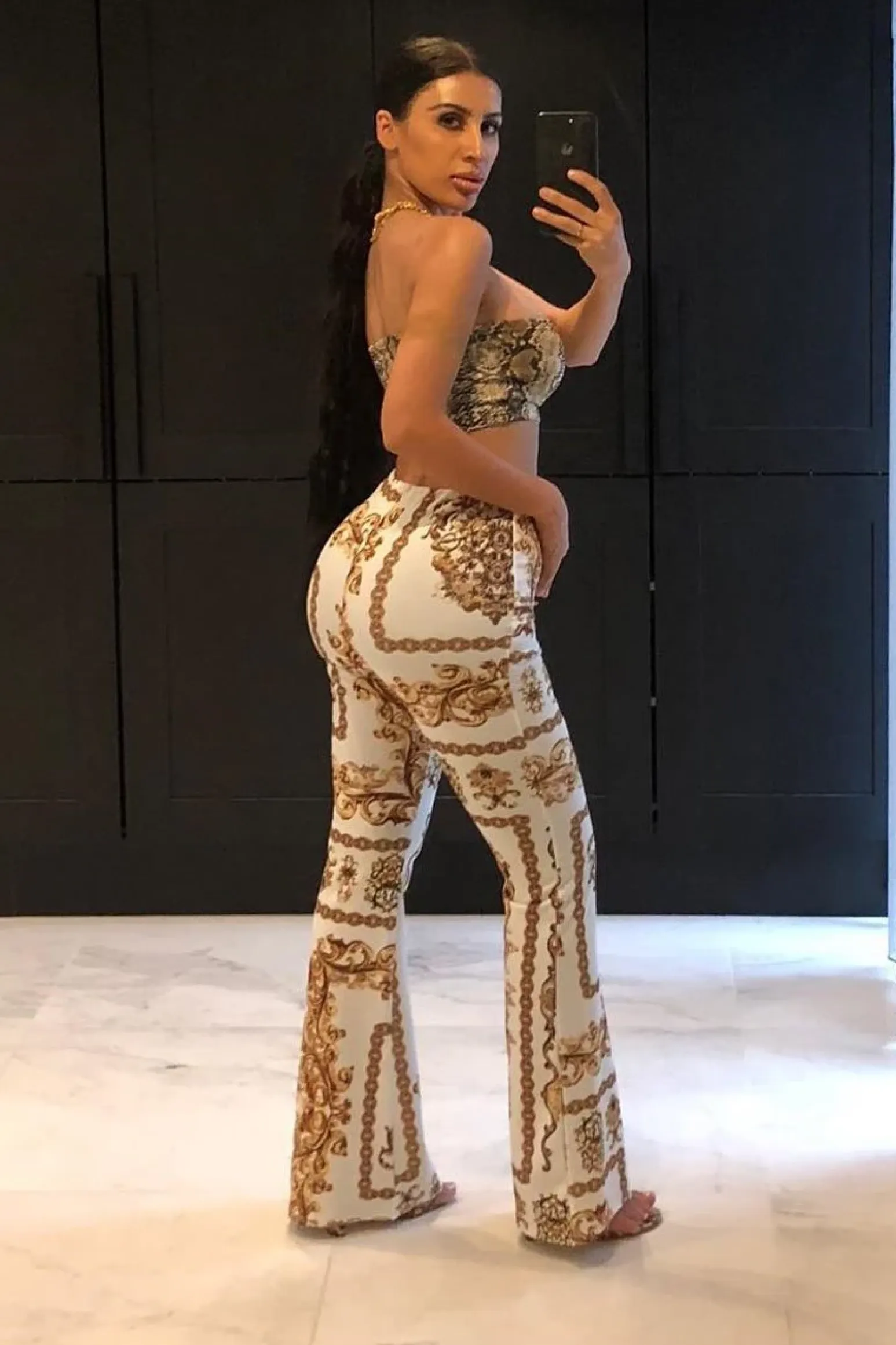 Rebellious Fashion White Scarf Print High Waist Flared Trousers - Aamari