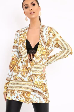 Rebellious Fashion White Scarf Print Two Button Blazer - Hilary