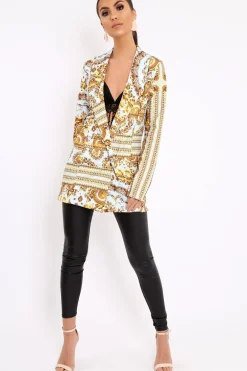 Rebellious Fashion White Scarf Print Two Button Blazer - Hilary