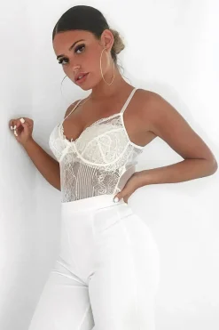 Rebellious Fashion White Sheer Lace Bodysuit - Katia
