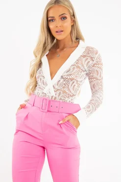 Rebellious Fashion White Sheer Lace Plunge Long Sleeve Bodysuit - Janica