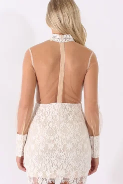 Rebellious Fashion White Sheer Mesh Lace Detail Dress - Jaylee
