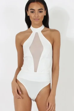 Rebellious Fashion White Sheer Panel Tie Back Bodysuit- Hollie