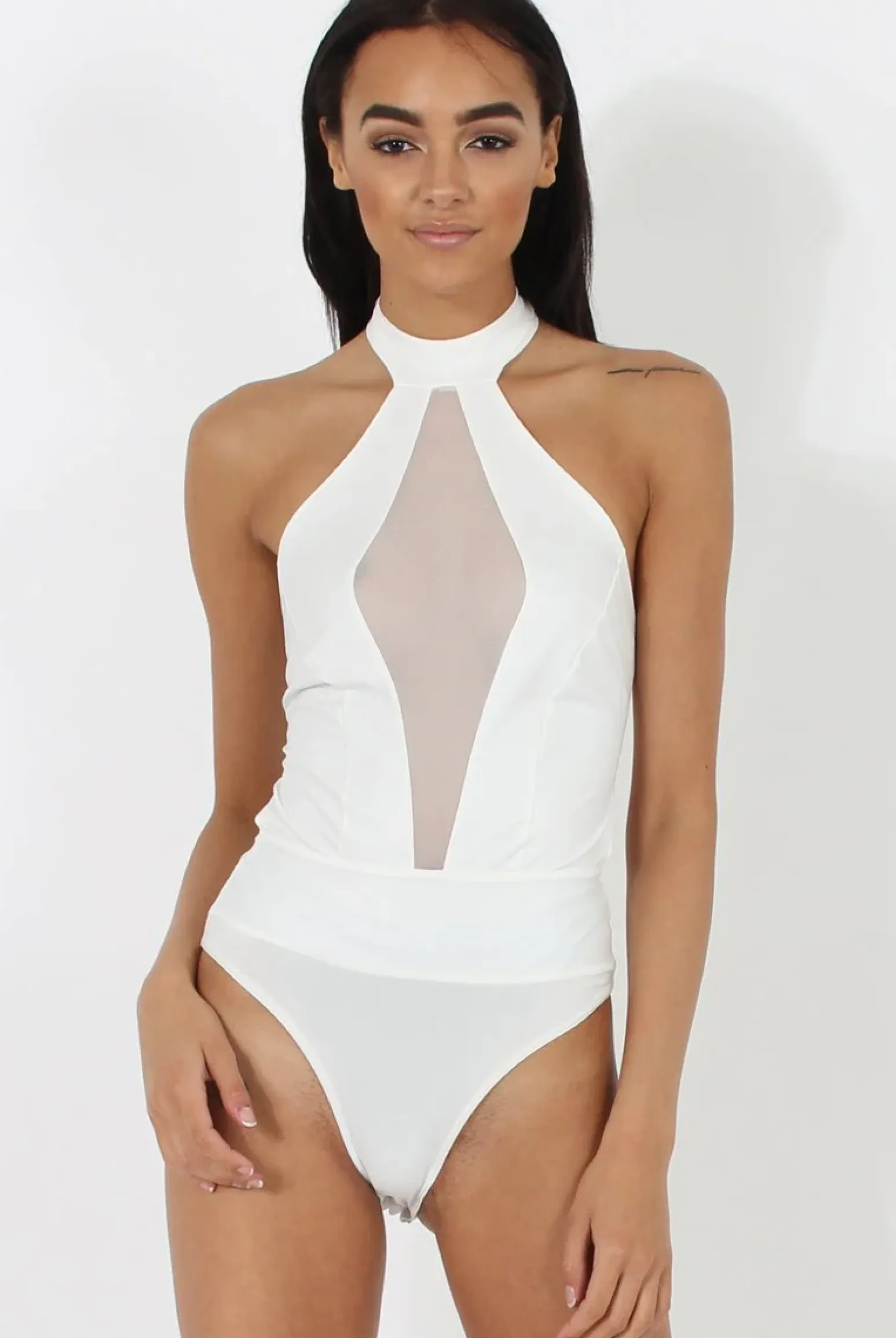 Rebellious Fashion White Sheer Panel Tie Back Bodysuit- Hollie