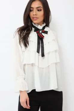 Rebellious Fashion White Sheer Ruffle Blouse with Striped Neck Tie - Viktoria