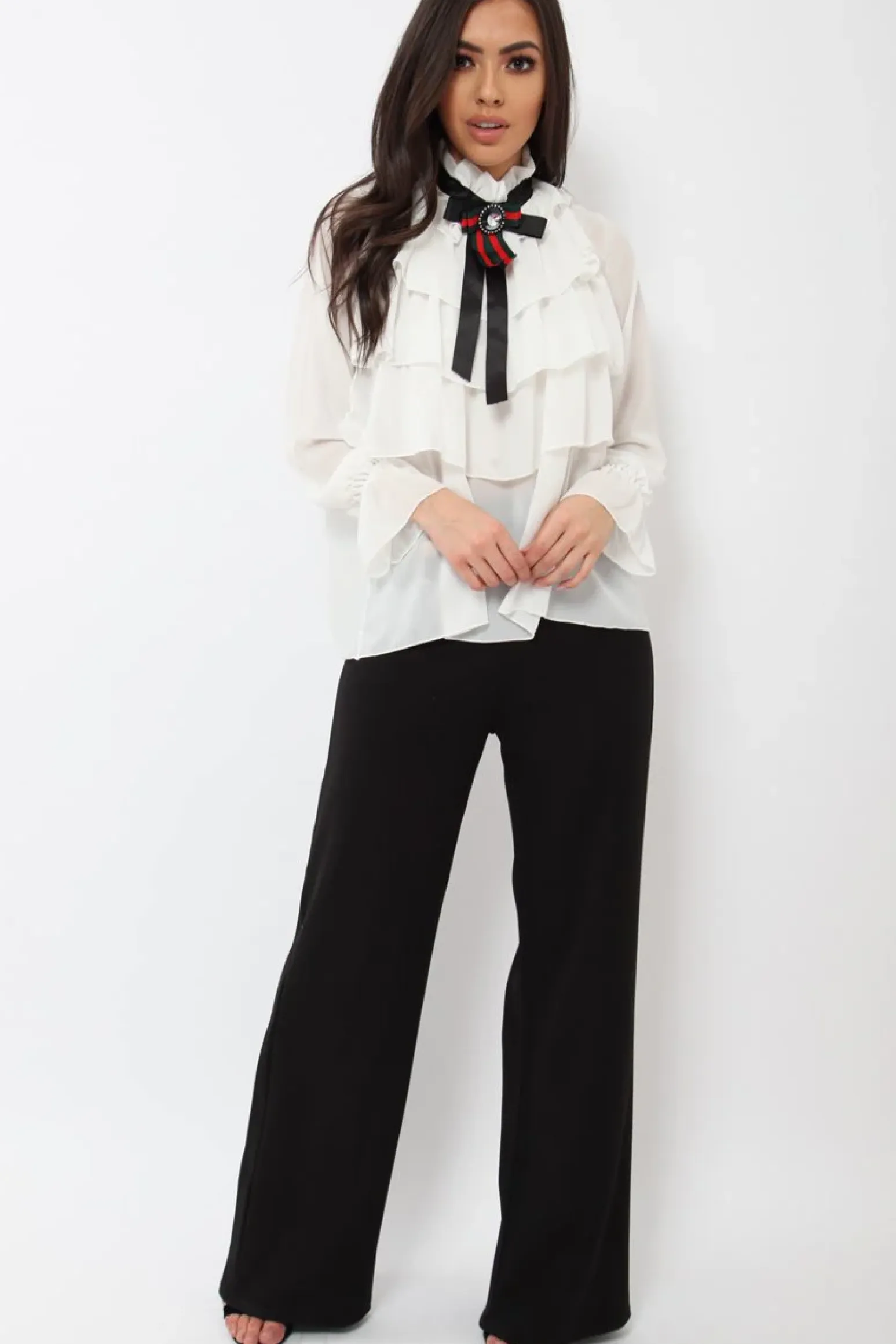 Rebellious Fashion White Sheer Ruffle Blouse with Striped Neck Tie - Viktoria