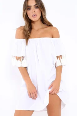Rebellious Fashion White Shift Dress With Tassle Sleeves - Danielle