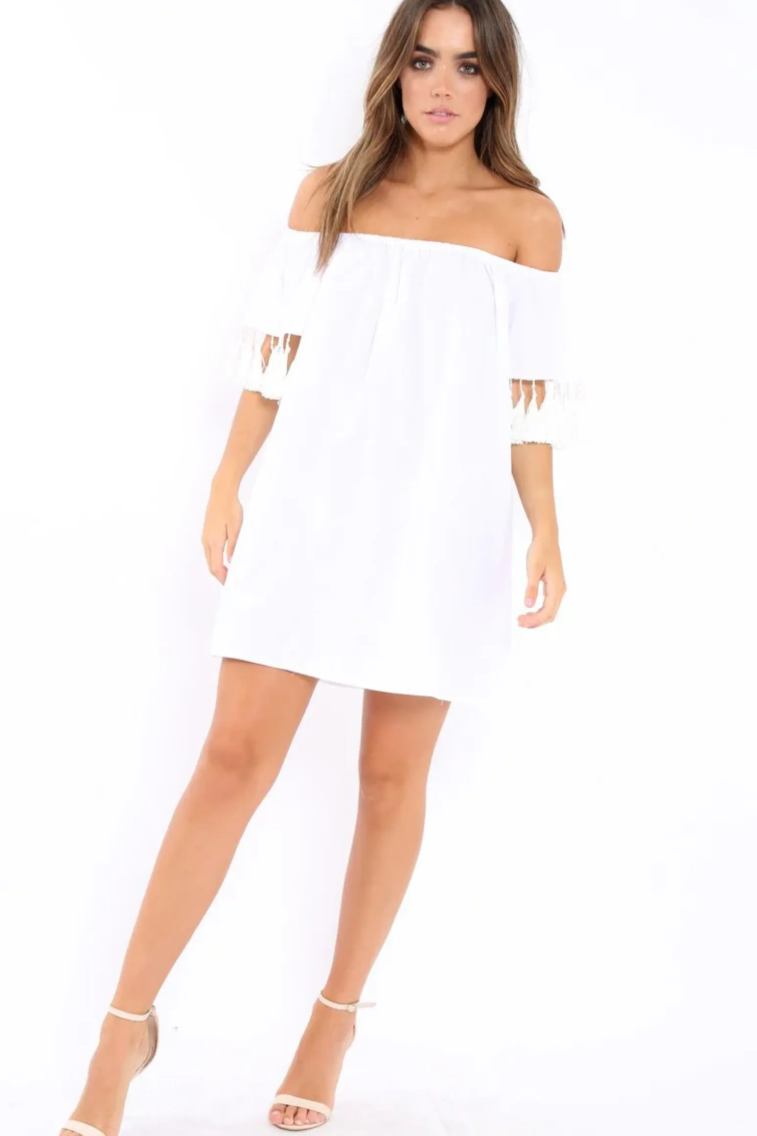 Rebellious Fashion White Shift Dress With Tassle Sleeves - Danielle