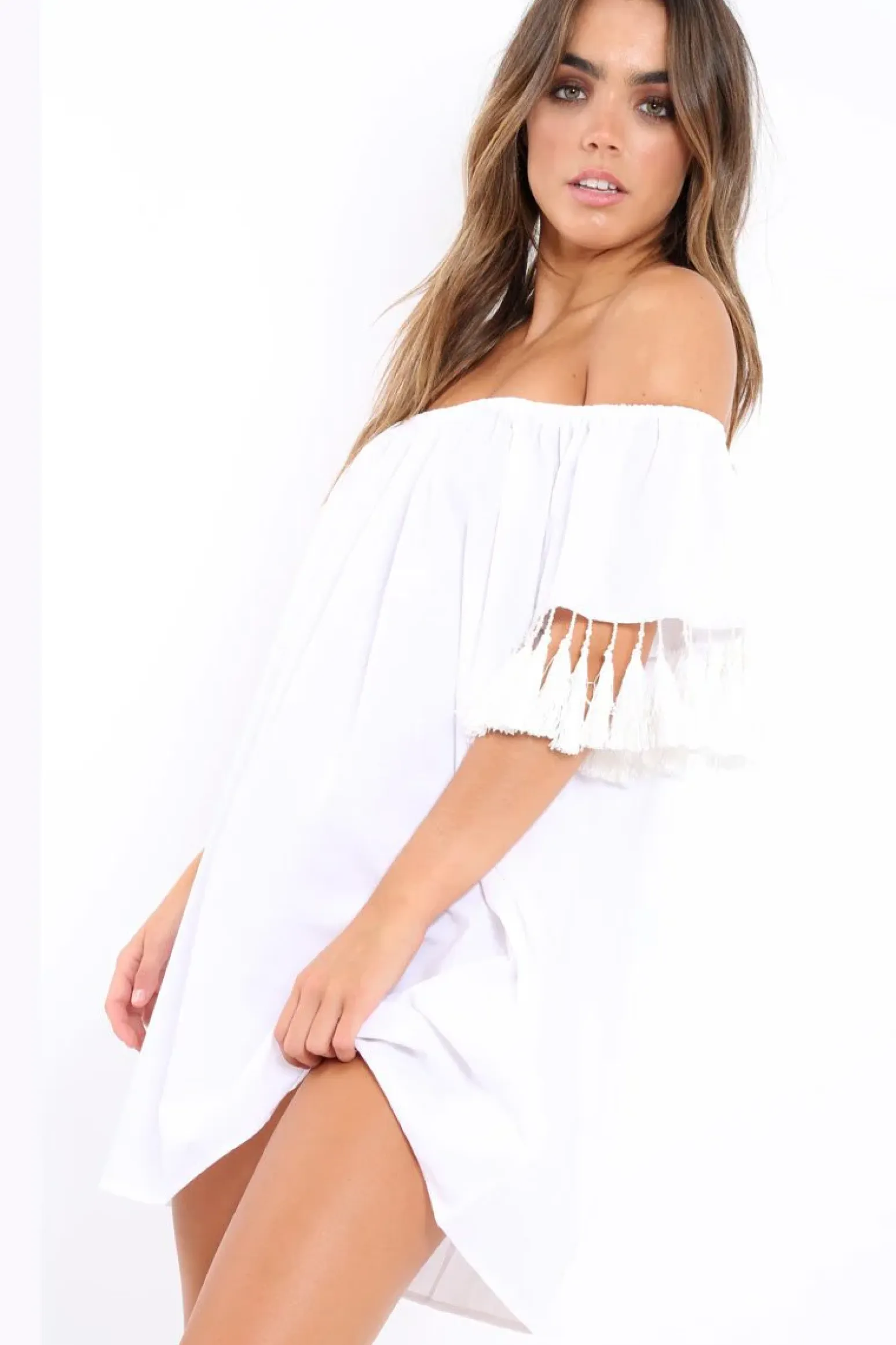 Rebellious Fashion White Shift Dress With Tassle Sleeves - Danielle