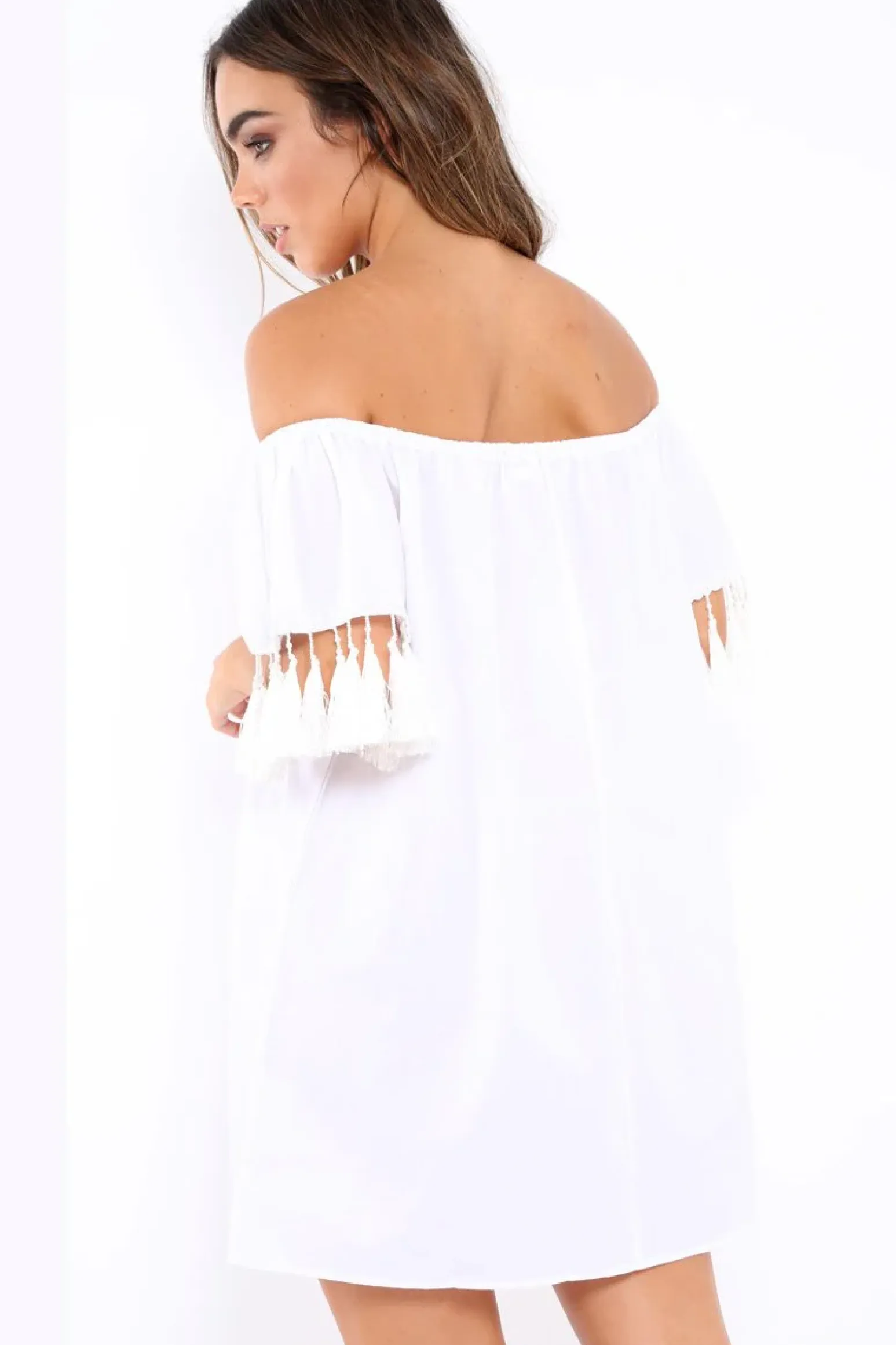 Rebellious Fashion White Shift Dress With Tassle Sleeves - Danielle