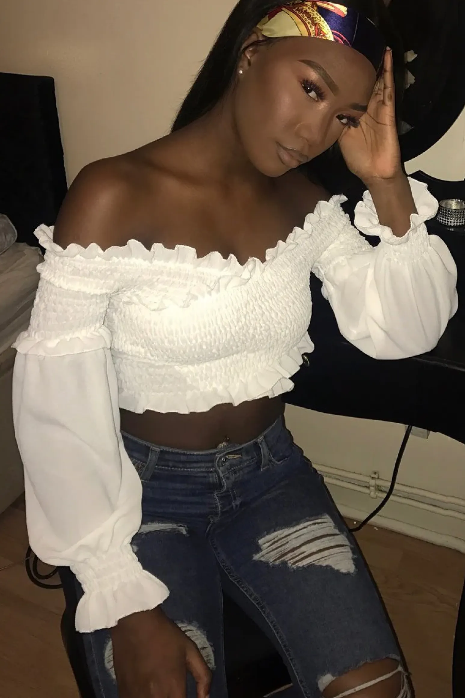 Rebellious Fashion White Shirred Bardot Crop Top - Abisha