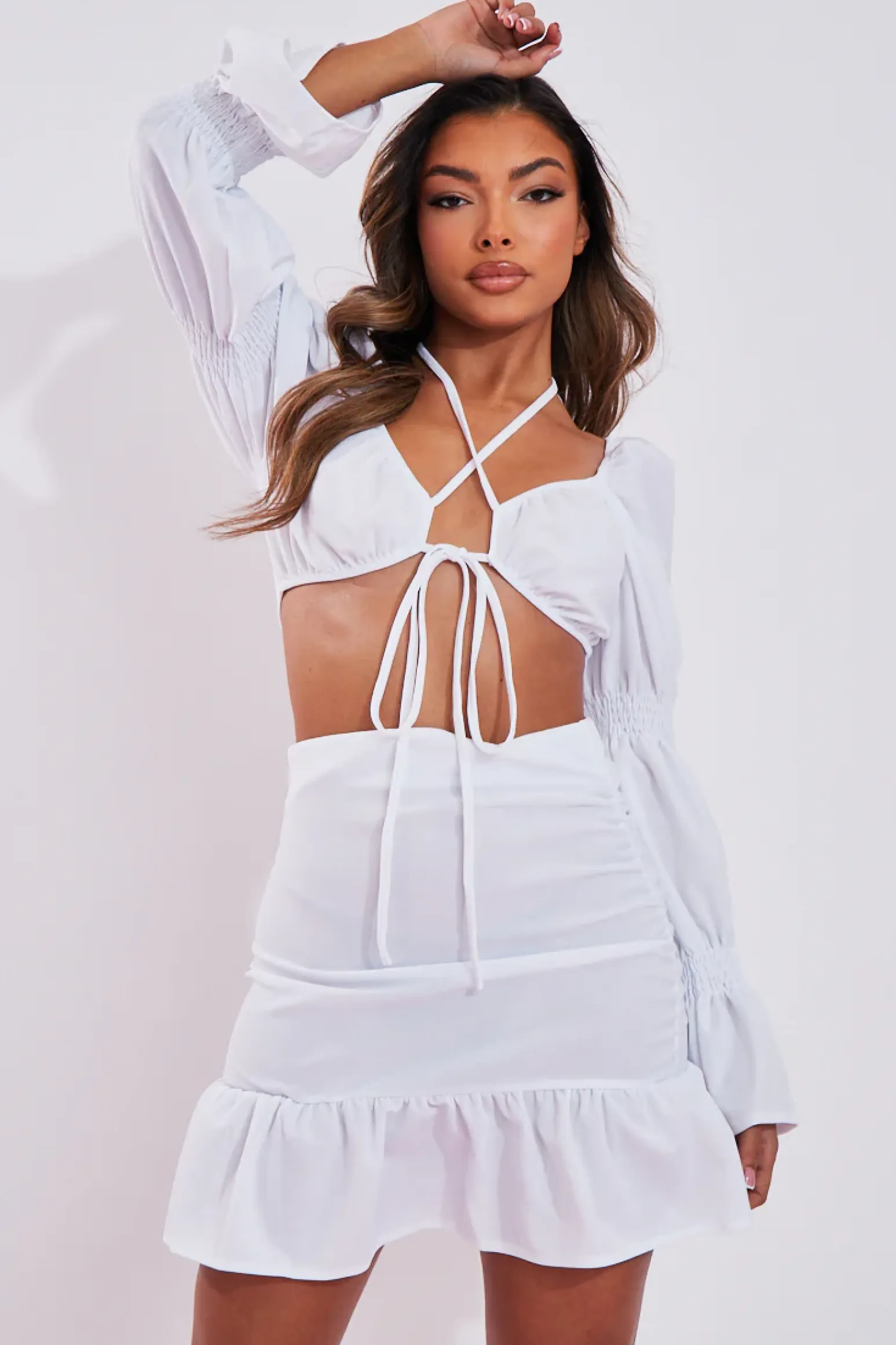 Rebellious Fashion White Shirred Sleeve Crop Top & Ruched Mini Skirt Set - Ariana