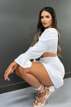 Rebellious Fashion White Shirred Sleeve Crop Top & Ruched Mini Skirt Set - Ariana