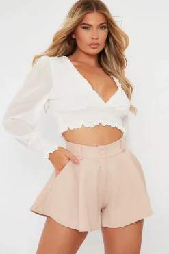 Rebellious Fashion White Shirred Waist Long Sleeve Top - Ima