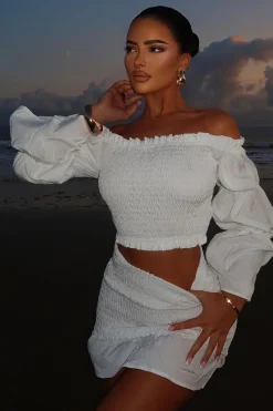 Rebellious Fashion White Shirring Detail Bardot Top & Mini Skirt Co-ord Set - Connie