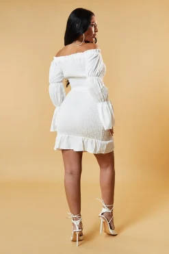 Rebellious Fashion White Shirring Detail Bardot Top & Mini Skirt Co-ord Set - Connie