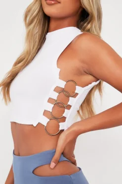 Rebellious Fashion White Side Ring Detail Ribbed Crop Top - Marisella