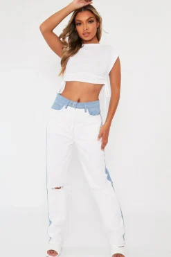 Rebellious Fashion White Side Ruched Shoulder Pad Crop Top - Elane