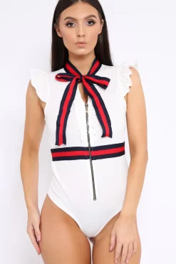 Rebellious Fashion White Sleeveless Frill Stripe Bodysuit - Laili