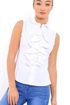 Rebellious Fashion White Sleeveless Ruffle Shirt - Samarra