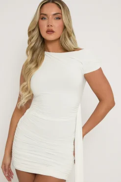 Rebellious Fashion White Slinky Off Shoulder Drape Mini Dress - Olivia