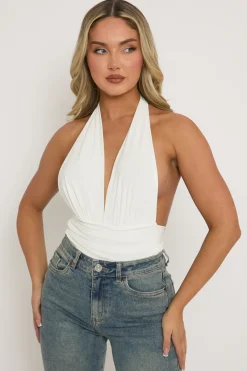 Rebellious Fashion White Slinky Plunge Bodysuit - Akari