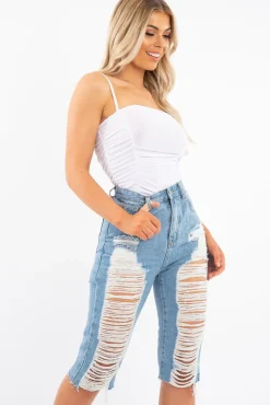 Rebellious Fashion White Slinky Ruched Detail Bodysuit - Edie