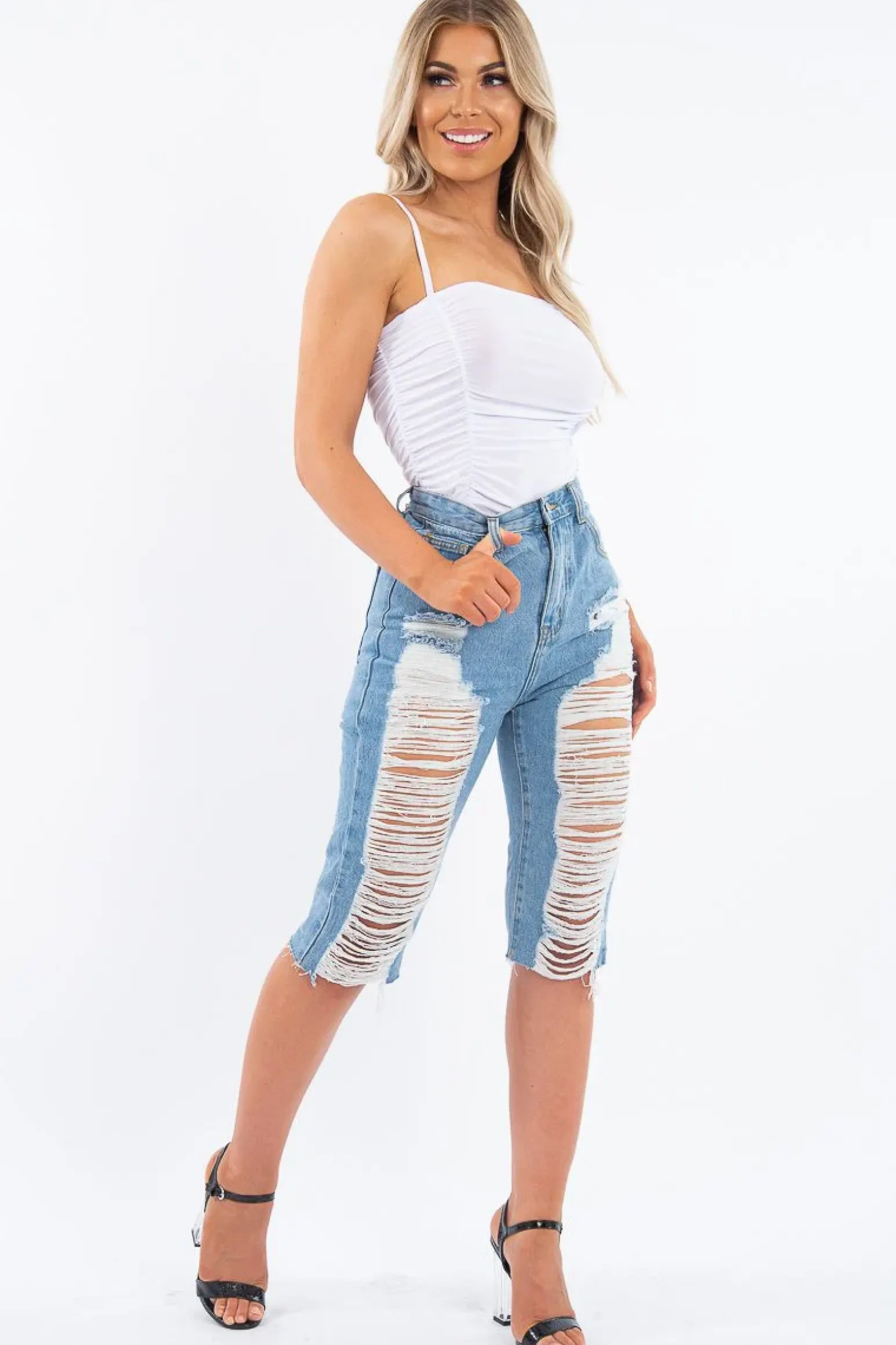 Rebellious Fashion White Slinky Ruched Detail Bodysuit - Edie
