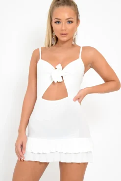 Rebellious Fashion White Slinky Tie Front Ruffle Dress - Keli