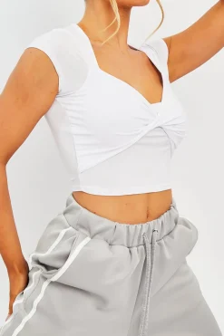 Rebellious Fashion White Slinky Twist Front Crop Top - Diane